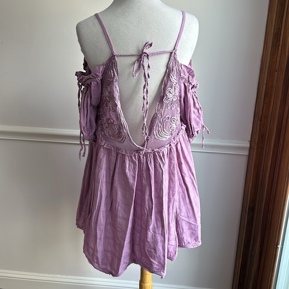 Free People Bali Badlands purple baby doll Off shoulder Mini Dress Medium EUC - Picture 9 of 11